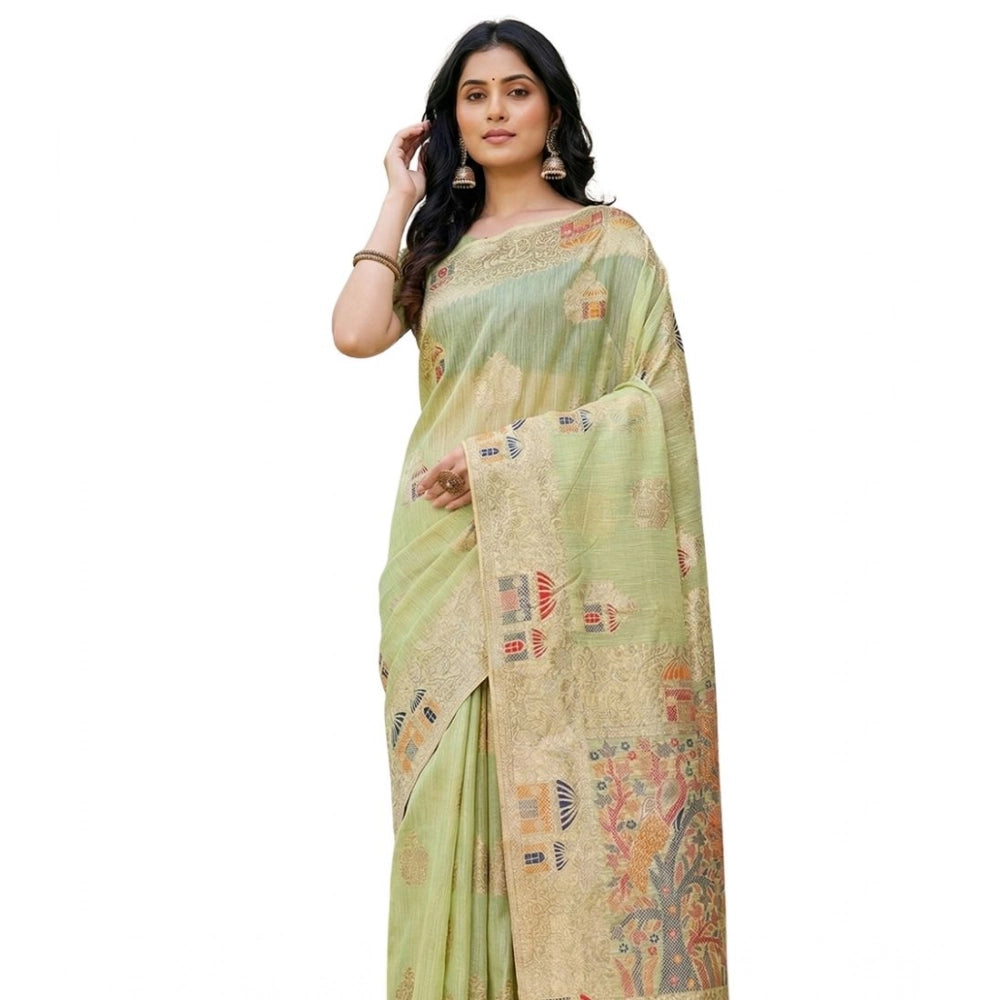 Vaystra Linen Cotton Printed Saree With Unstitched Blouse 5.5Mtr – Light Green