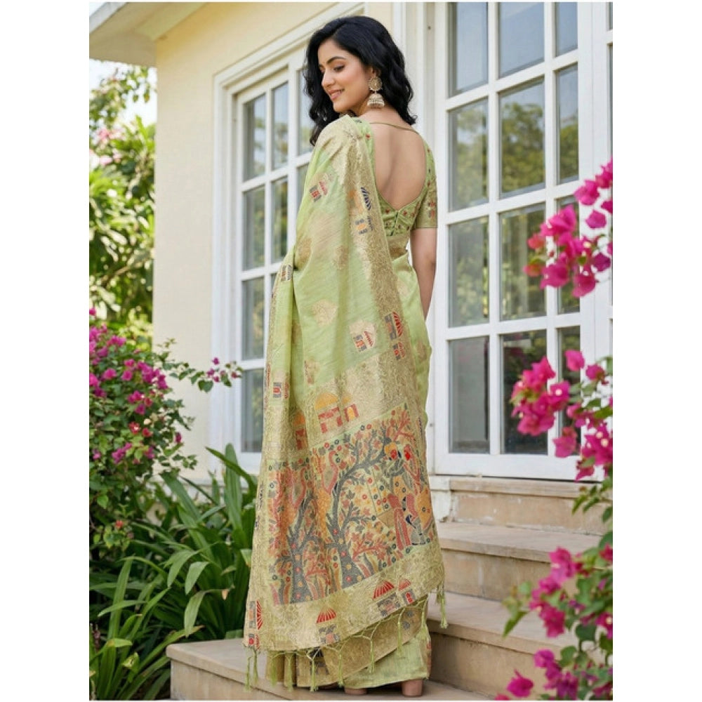 Vaystra Linen Cotton Printed Saree With Unstitched Blouse 5.5Mtr – Light Green