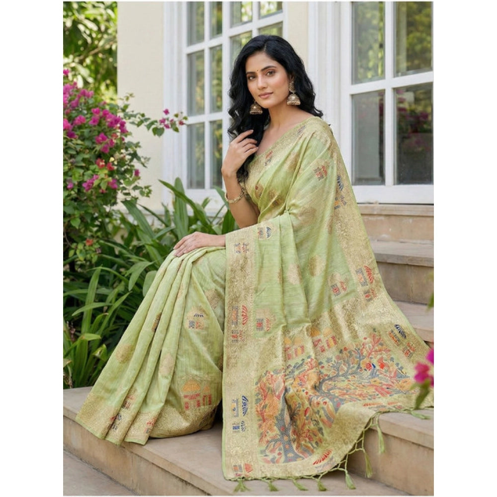 Vaystra Linen Cotton Printed Saree With Unstitched Blouse 5.5Mtr – Light Green