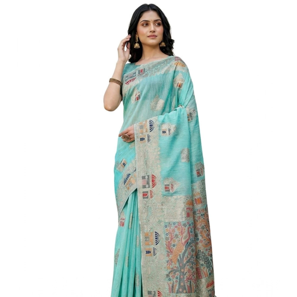 Vaystra Linen Cotton Printed Saree With Unstitched Blouse 5.5Mtr – Sky Blue
