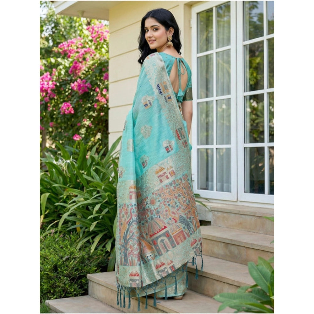 Vaystra Linen Cotton Printed Saree With Unstitched Blouse 5.5Mtr – Sky Blue
