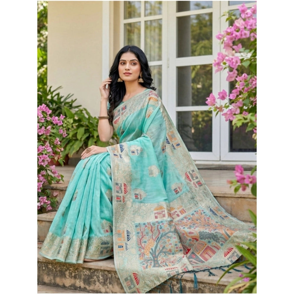 Vaystra Linen Cotton Printed Saree With Unstitched Blouse 5.5Mtr – Sky Blue