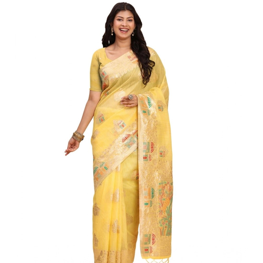 Vaystra Linen Cotton Printed Saree With Unstitched Blouse 5.5Mtr – Yellow