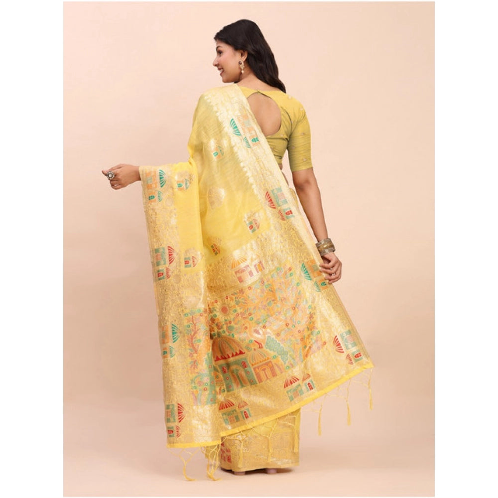 Vaystra Linen Cotton Printed Saree With Unstitched Blouse 5.5Mtr – Yellow