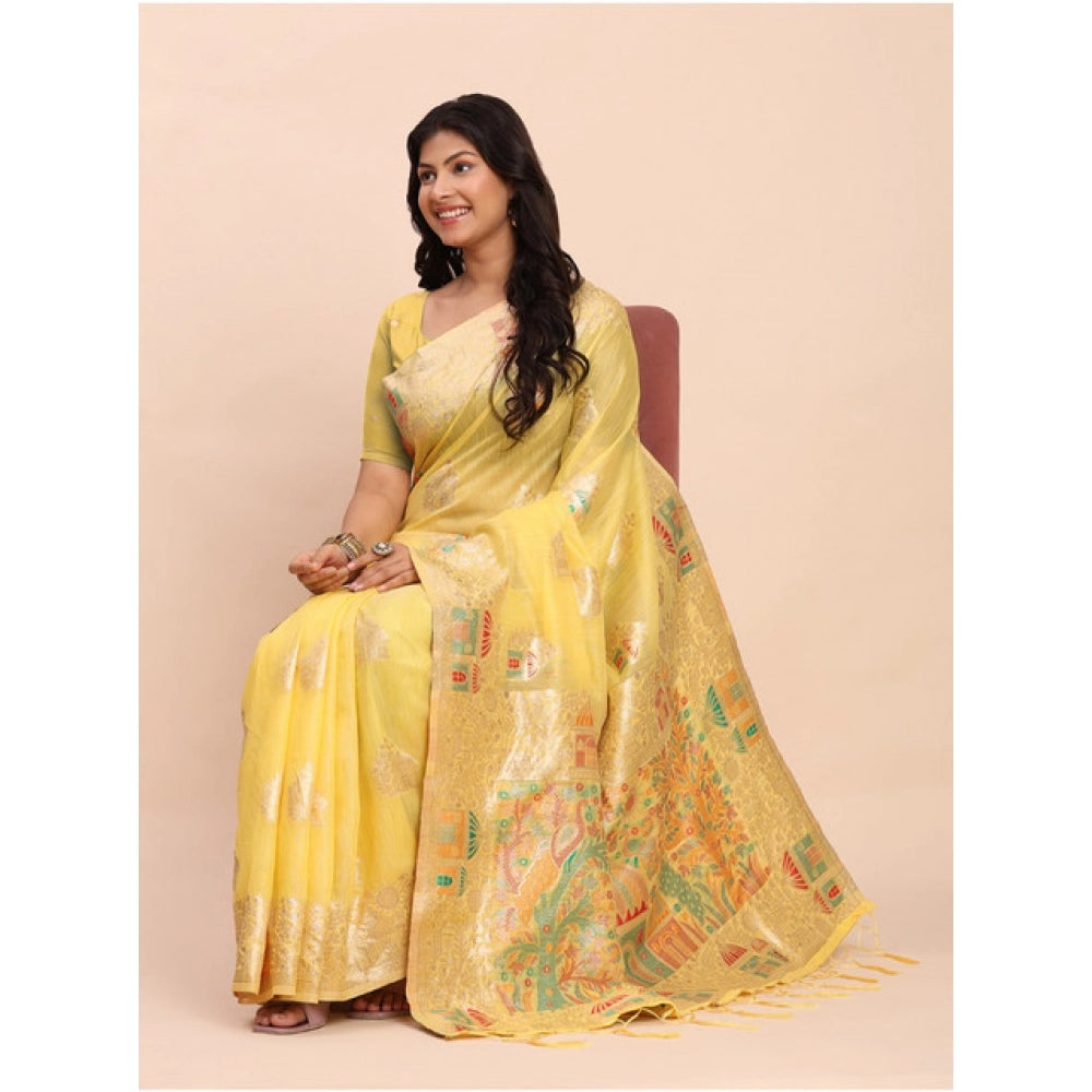 Vaystra Linen Cotton Printed Saree With Unstitched Blouse 5.5Mtr – Yellow