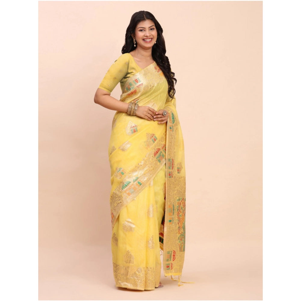 Vaystra Linen Cotton Printed Saree With Unstitched Blouse 5.5Mtr – Yellow