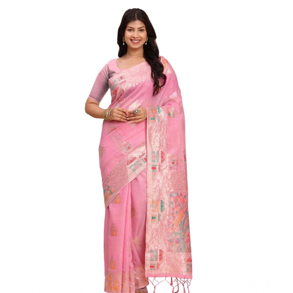 Vaystra Linen Cotton Printed Saree With Unstitched Blouse 5.5Mtr – Pink