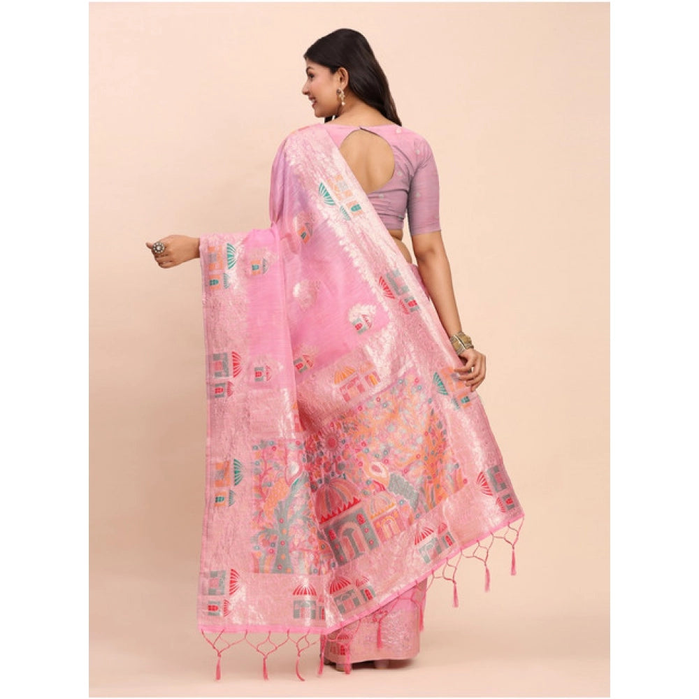 Vaystra Linen Cotton Printed Saree With Unstitched Blouse 5.5Mtr – Pink