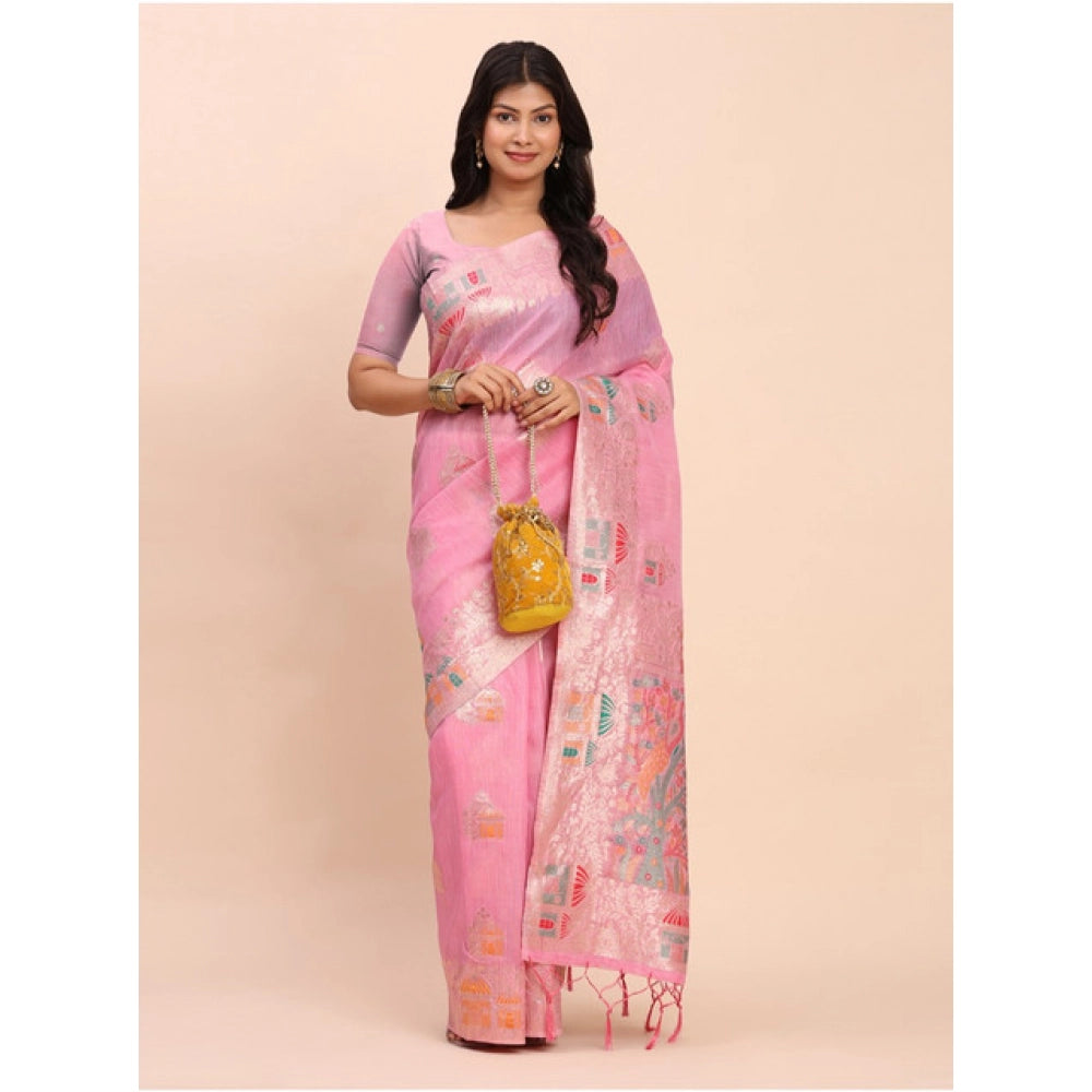 Vaystra Linen Cotton Printed Saree With Unstitched Blouse 5.5Mtr – Pink