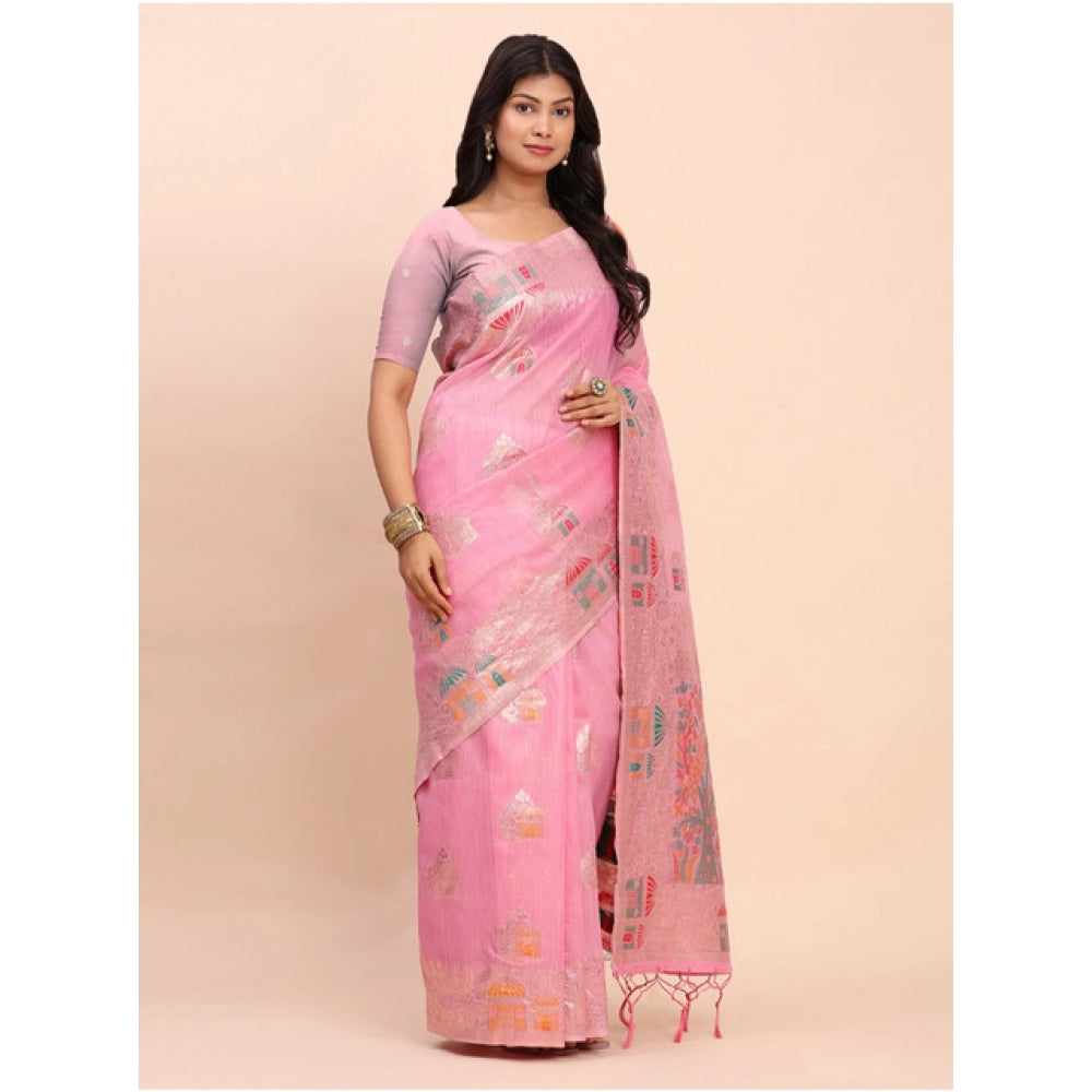 Vaystra Linen Cotton Printed Saree With Unstitched Blouse 5.5Mtr – Pink