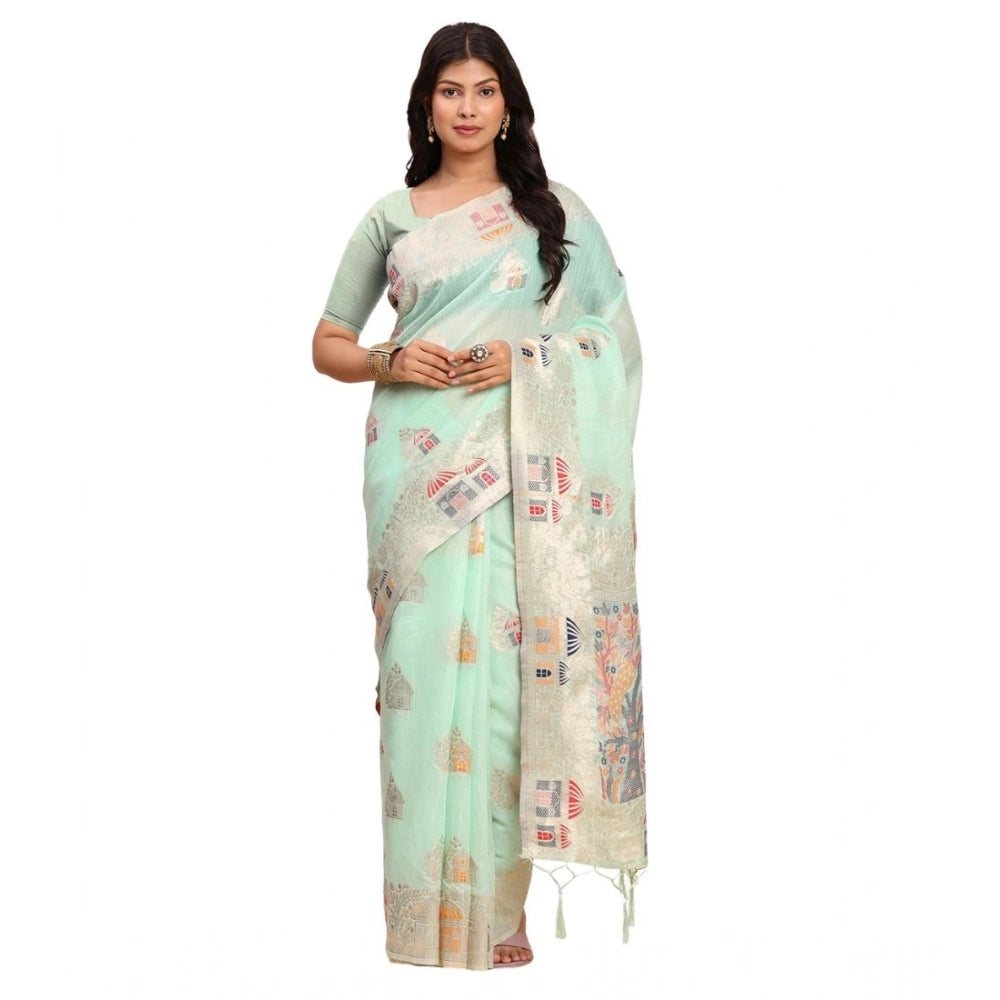Vaystra Linen Cotton Printed Saree With Unstitched Blouse 5.5Mtr – Sea Green