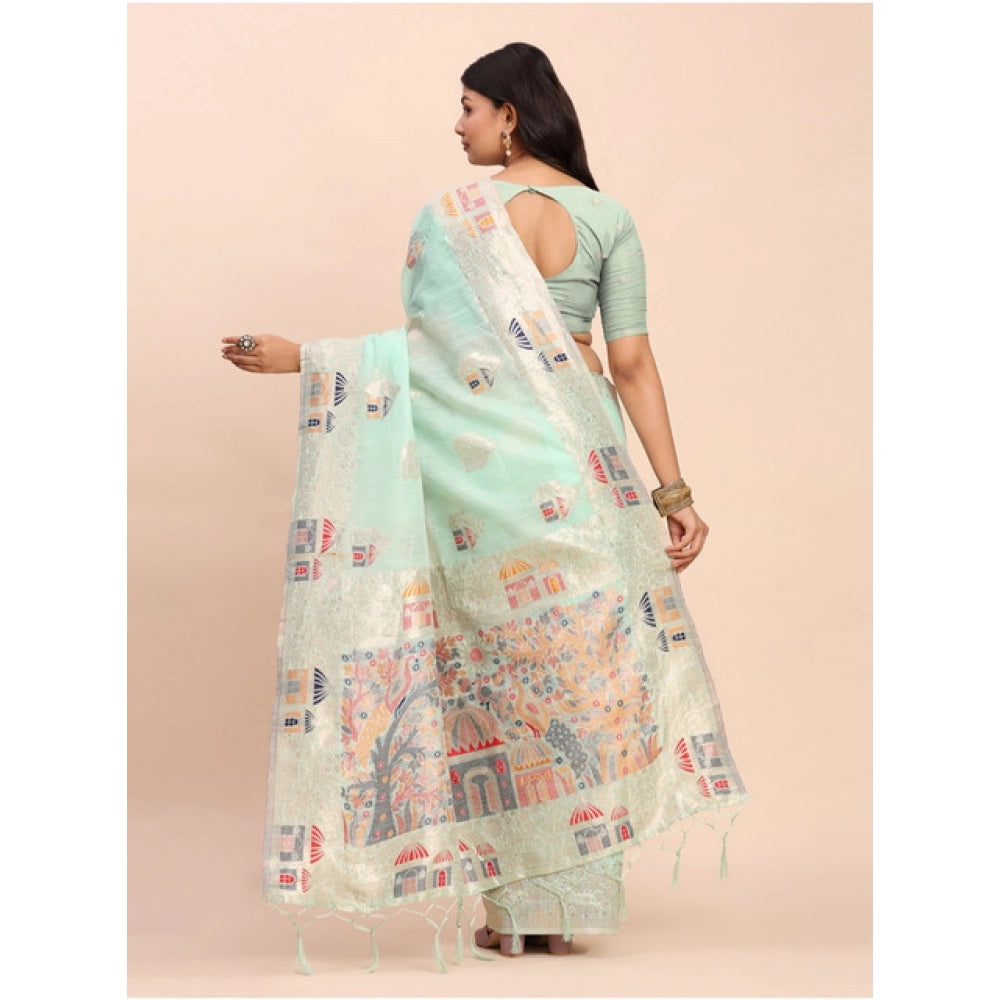 Vaystra Linen Cotton Printed Saree With Unstitched Blouse 5.5Mtr – Sea Green