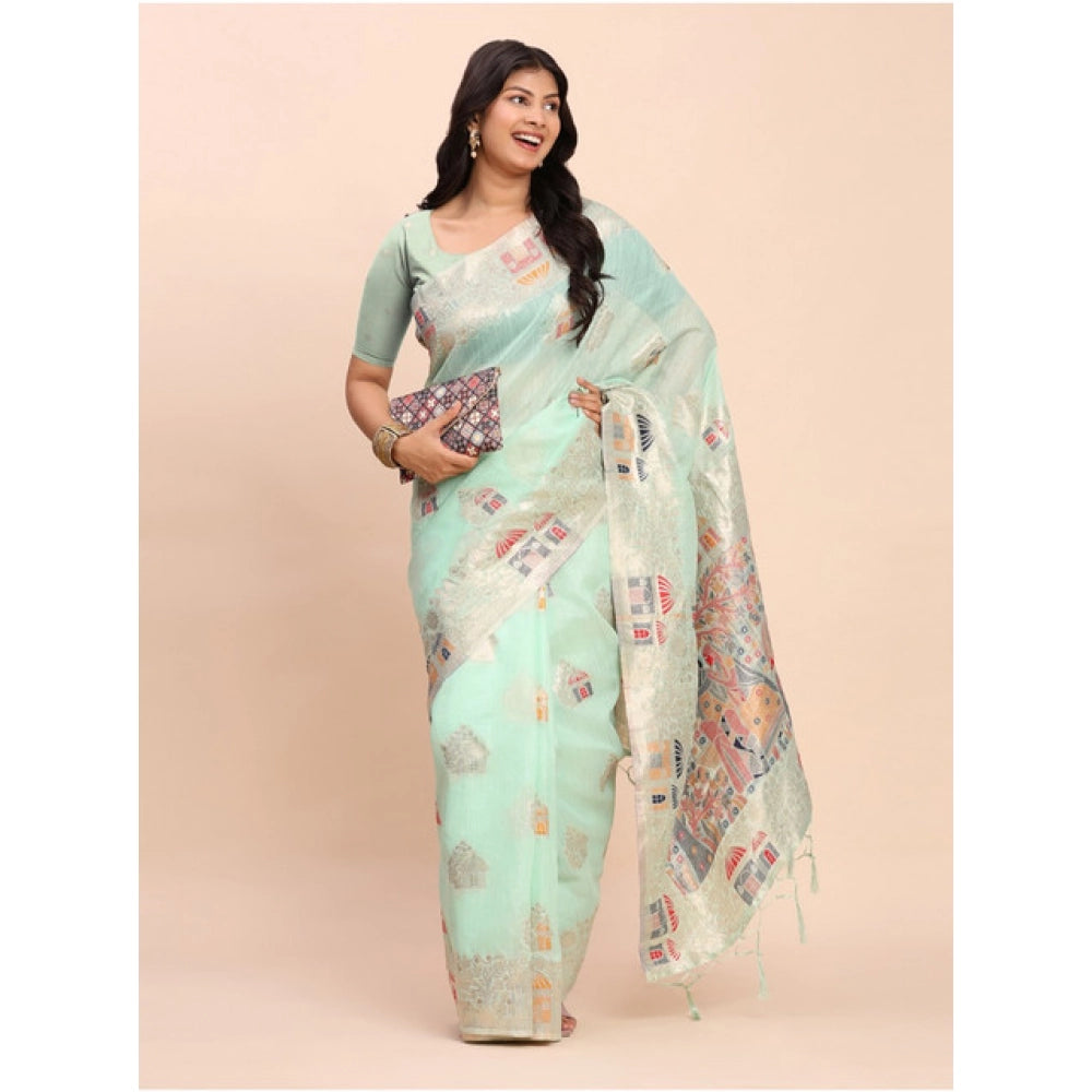 Vaystra Linen Cotton Printed Saree With Unstitched Blouse 5.5Mtr – Sea Green