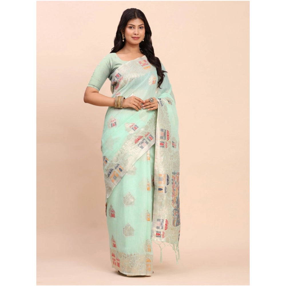 Vaystra Linen Cotton Printed Saree With Unstitched Blouse 5.5Mtr – Sea Green