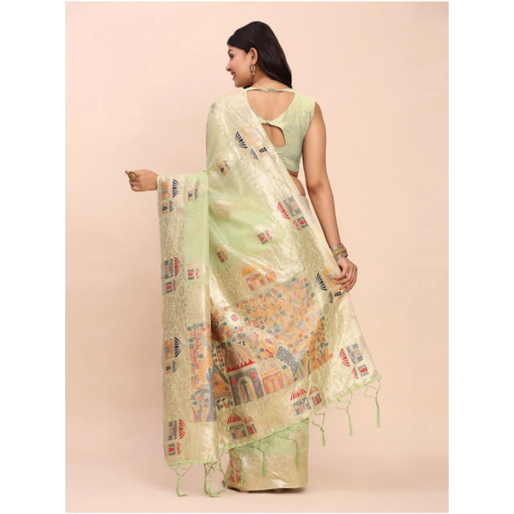 Vaystra Linen Cotton Printed Saree With Unstitched Blouse 5.5Mtr – Light Green