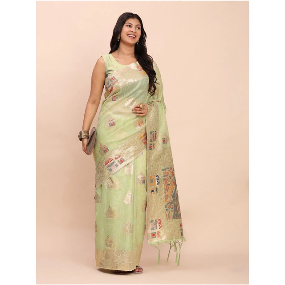 Vaystra Linen Cotton Printed Saree With Unstitched Blouse 5.5Mtr – Light Green