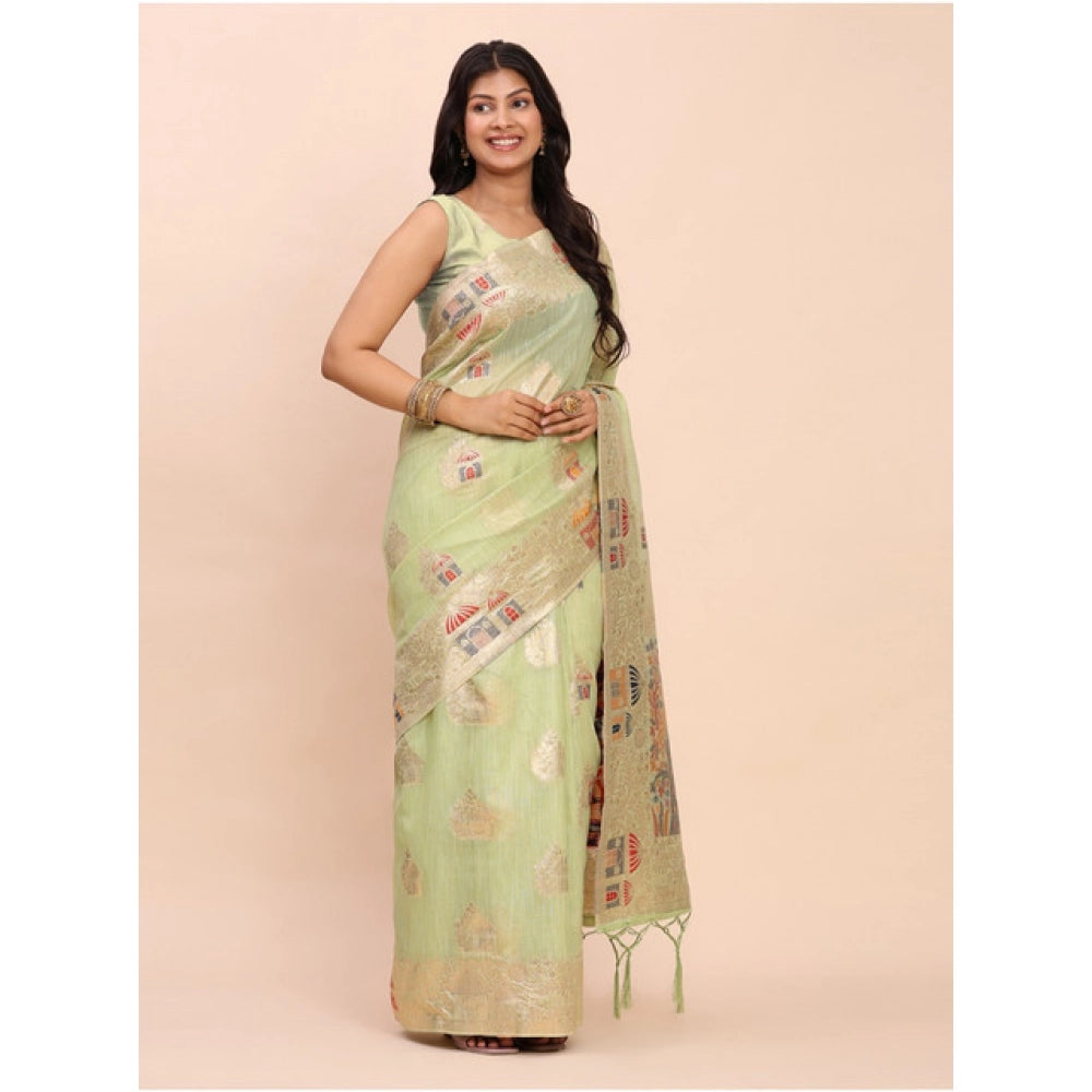 Vaystra Linen Cotton Printed Saree With Unstitched Blouse 5.5Mtr – Light Green