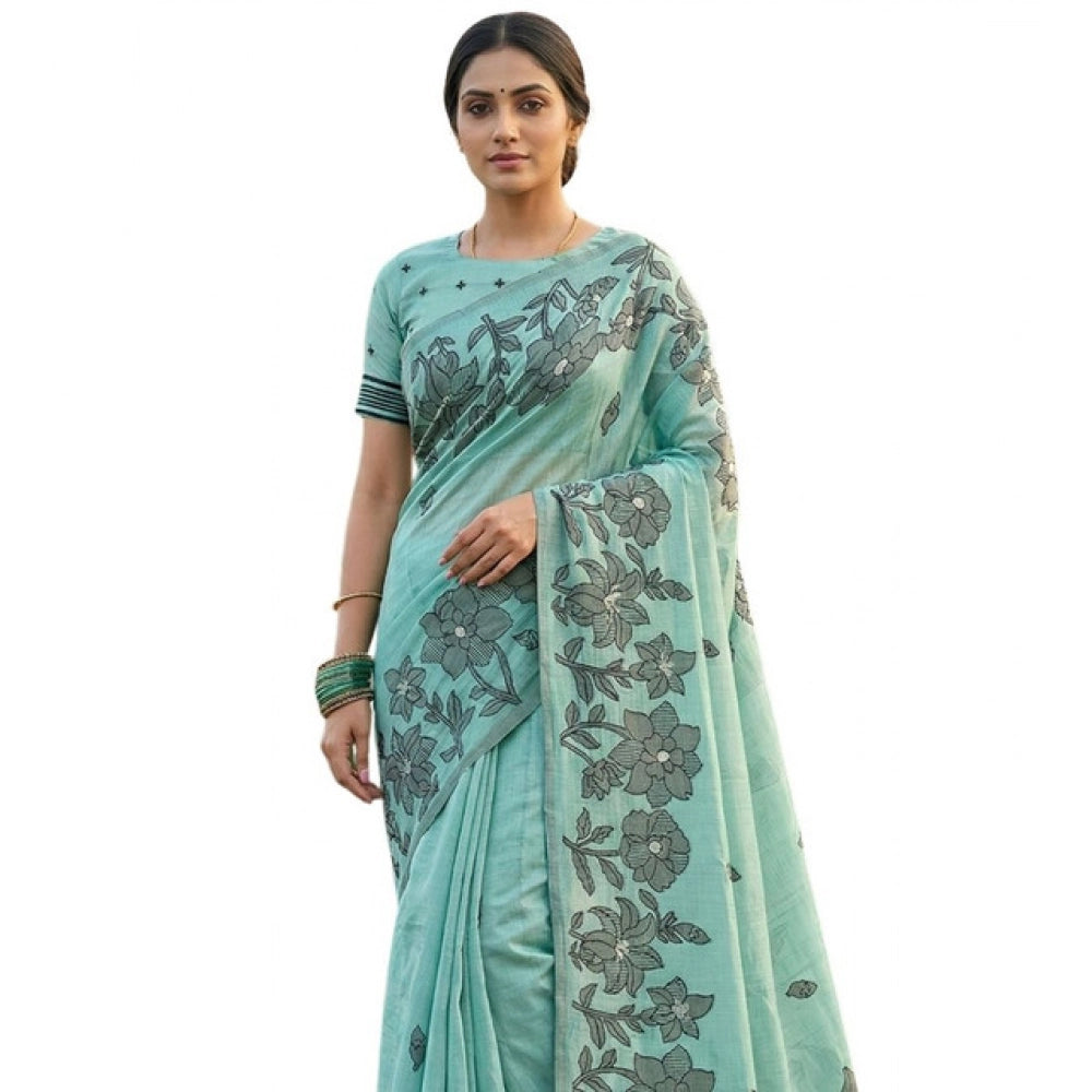 Vaystra Linen Cotton Printed Saree With Unstitched Blouse 5.5Mtr – Sea Green