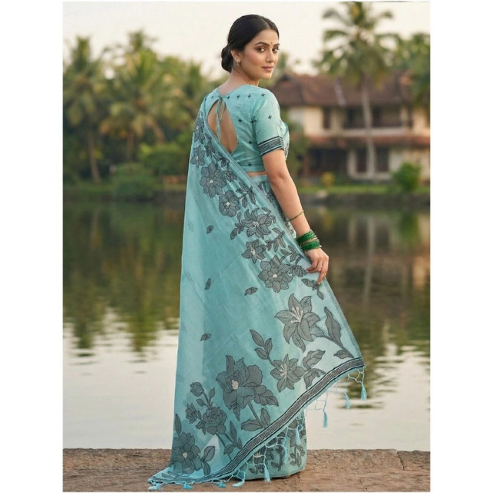 Vaystra Linen Cotton Printed Saree With Unstitched Blouse 5.5Mtr – Sea Green