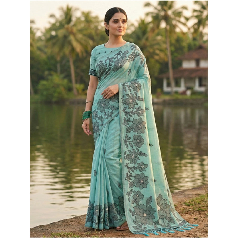 Vaystra Linen Cotton Printed Saree With Unstitched Blouse 5.5Mtr – Sea Green