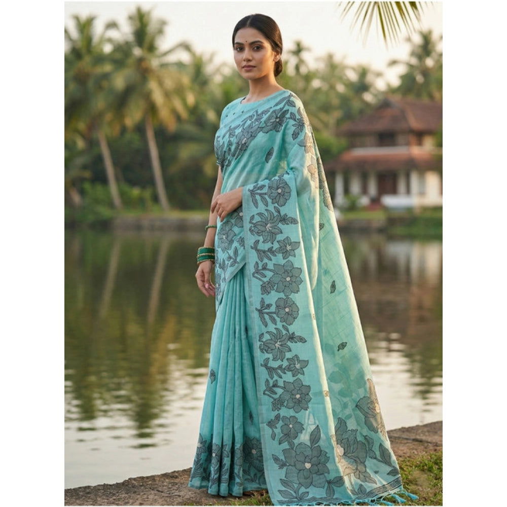 Vaystra Linen Cotton Printed Saree With Unstitched Blouse 5.5Mtr – Sea Green