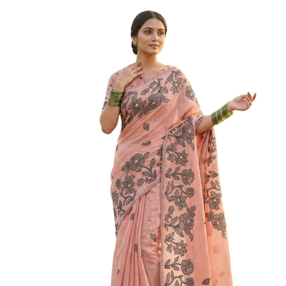 Vaystra Linen Cotton Printed Saree With Unstitched Blouse 5.5Mtr – Orange