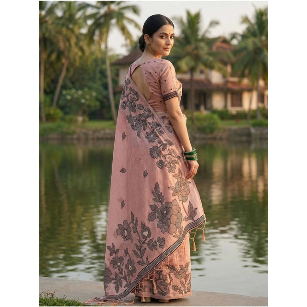 Vaystra Linen Cotton Printed Saree With Unstitched Blouse 5.5Mtr – Peach