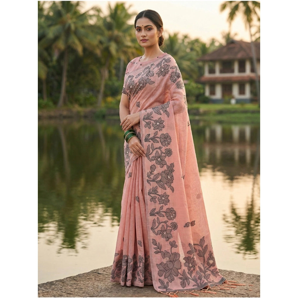 Vaystra Linen Cotton Printed Saree With Unstitched Blouse 5.5Mtr – Peach