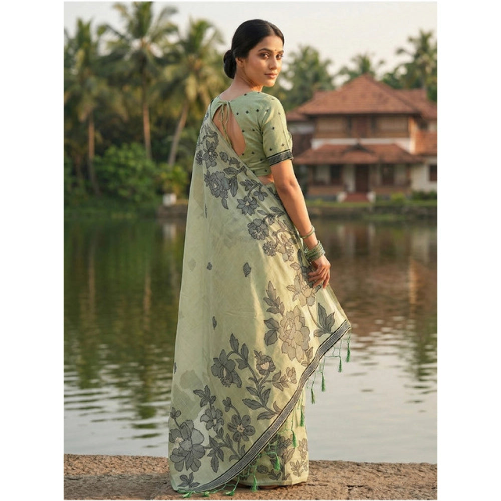 Vaystra Linen Cotton Printed Saree With Unstitched Blouse 5.5Mtr – Light Green