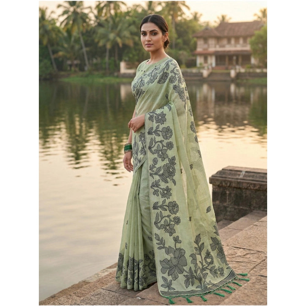 Vaystra Linen Cotton Printed Saree With Unstitched Blouse 5.5Mtr – Light Green