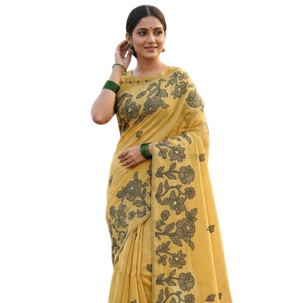 Vaystra Linen Cotton Printed Saree With Unstitched Blouse 5.5Mtr – Yellow