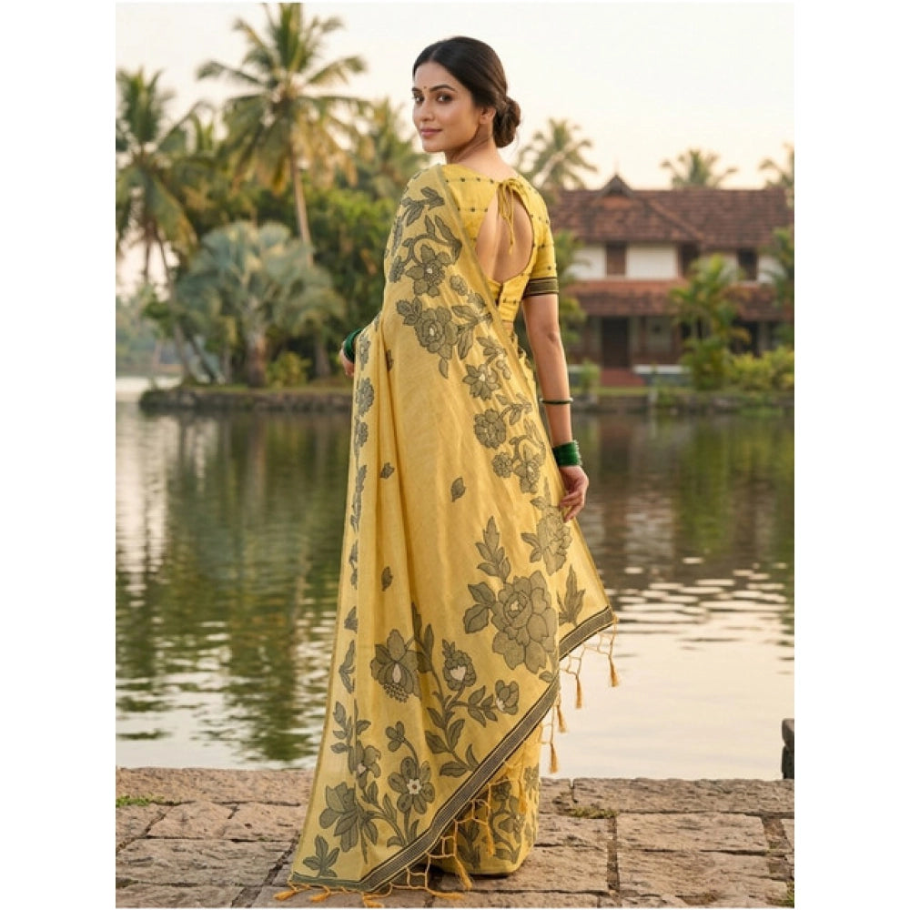 Vaystra Linen Cotton Printed Saree With Unstitched Blouse 5.5Mtr – Yellow