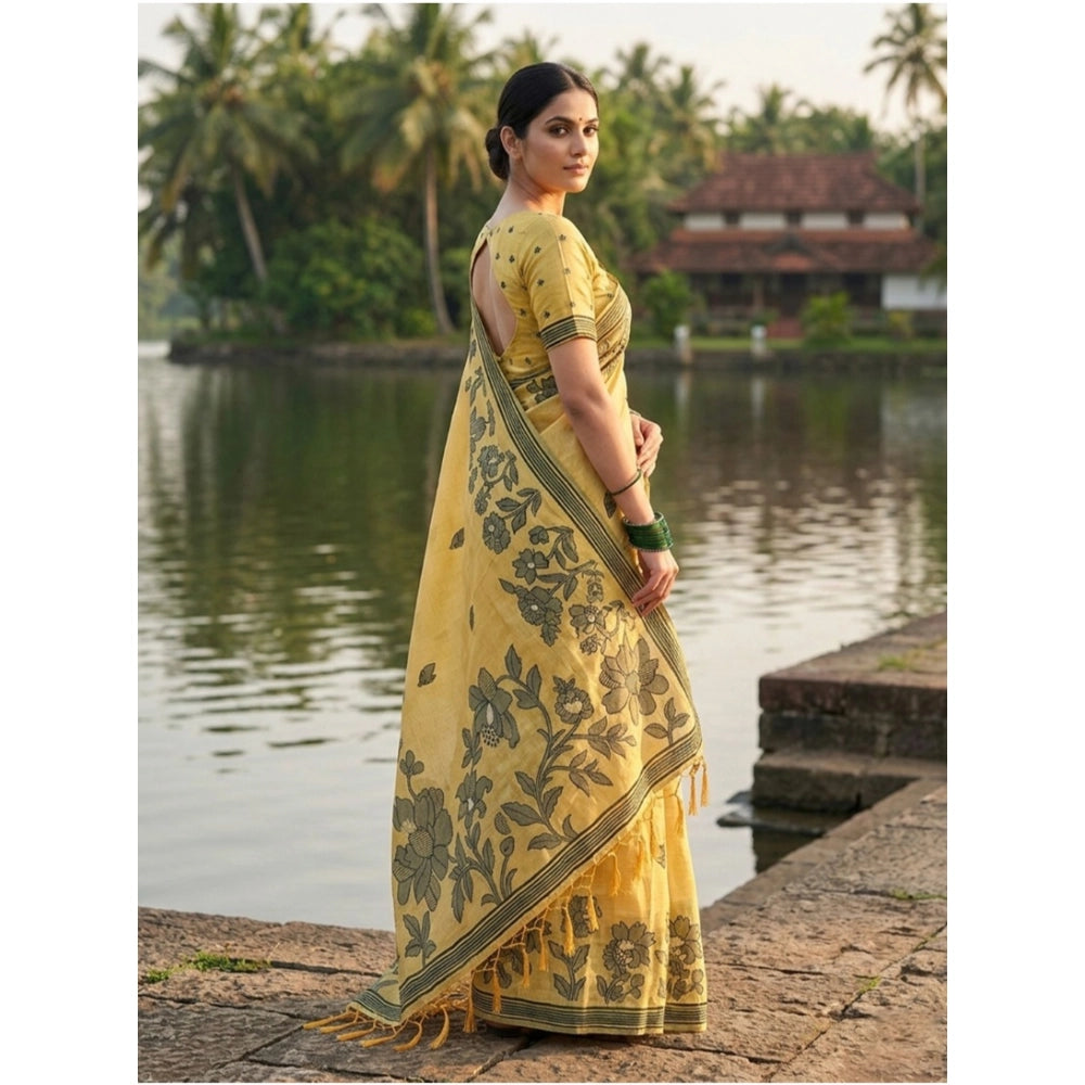Vaystra Linen Cotton Printed Saree With Unstitched Blouse 5.5Mtr – Yellow