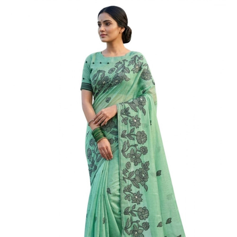 Vaystra Linen Cotton Printed Saree With Unstitched Blouse 5.5Mtr – Rama Green