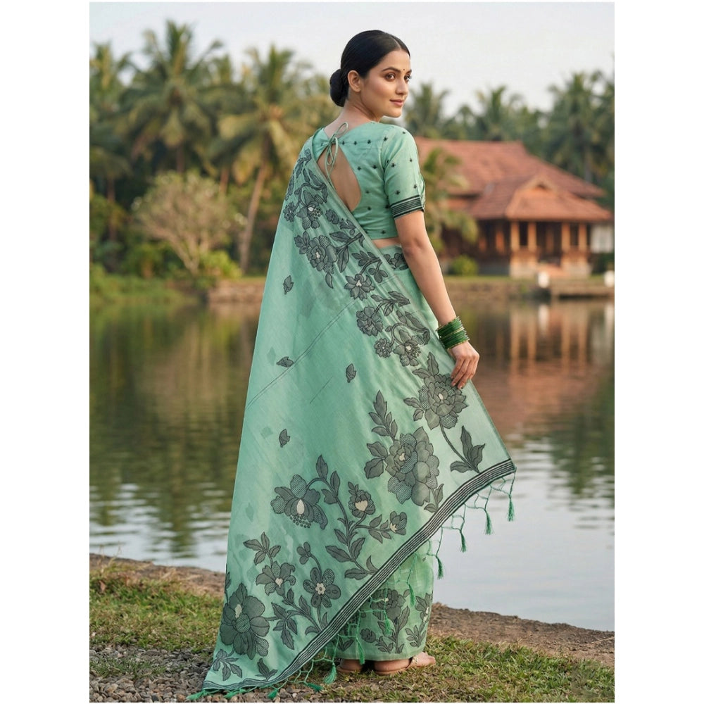 Vaystra Linen Cotton Printed Saree With Unstitched Blouse 5.5Mtr – Rama Green