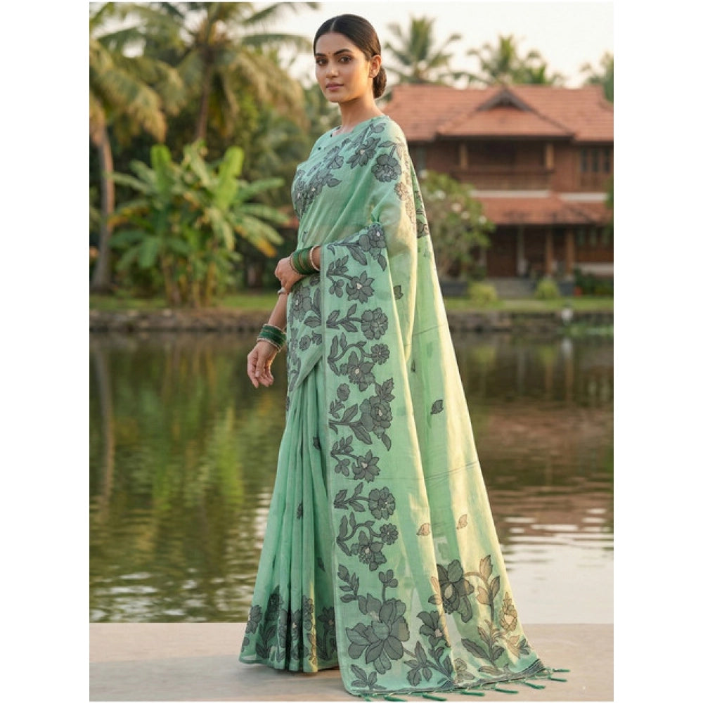 Vaystra Linen Cotton Printed Saree With Unstitched Blouse 5.5Mtr – Rama Green