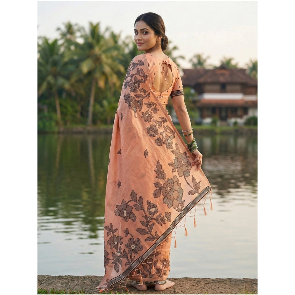 Vaystra Linen Cotton Printed Saree With Unstitched Blouse 5.5Mtr – Orange