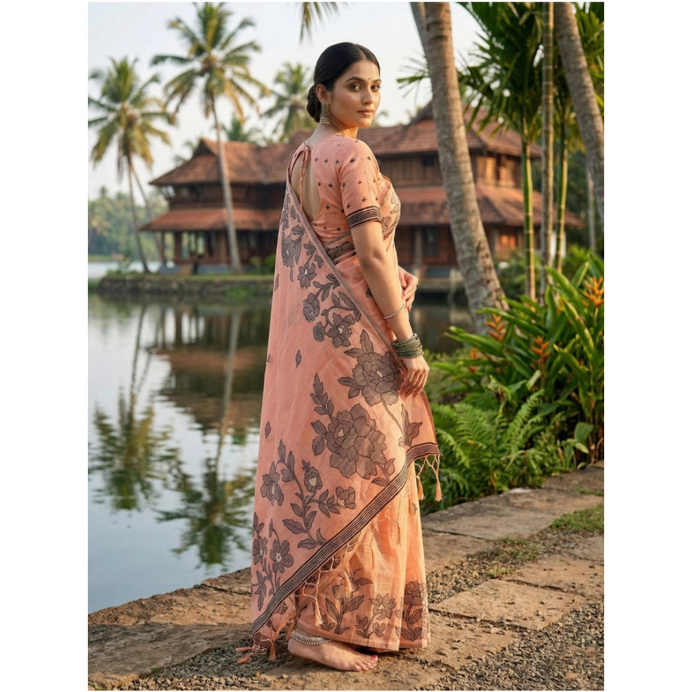 Vaystra Linen Cotton Printed Saree With Unstitched Blouse 5.5Mtr – Orange