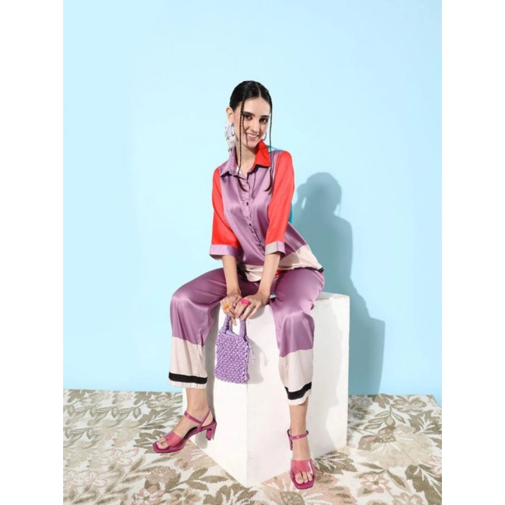 Vaystra Satin Colour Block Long Sleeves Co-Ord Set – Multicolor