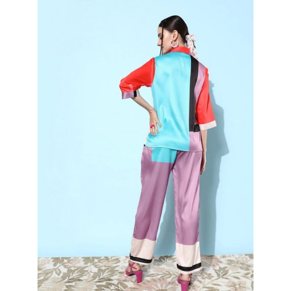 Vaystra Satin Colour Block Long Sleeves Co-Ord Set – Multicolor