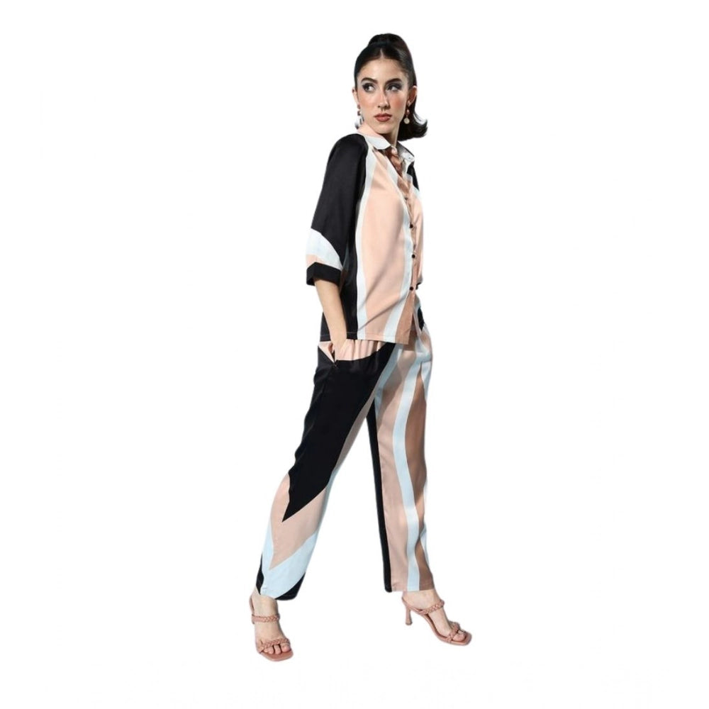 Vaystra Satin Colour Block Long Sleeves Co-Ord Set – Beige-Black