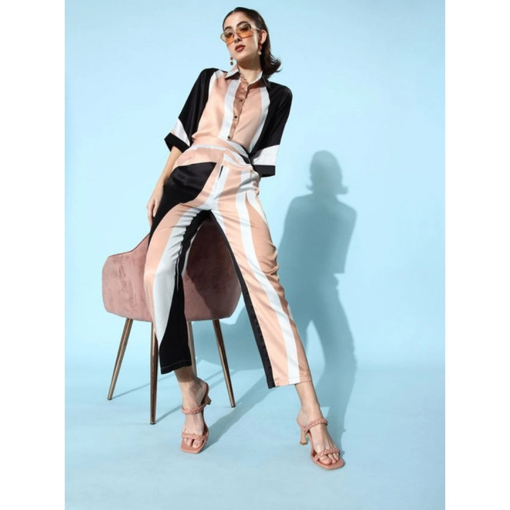 Vaystra Satin Colour Block Long Sleeves Co-Ord Set – Beige-Black