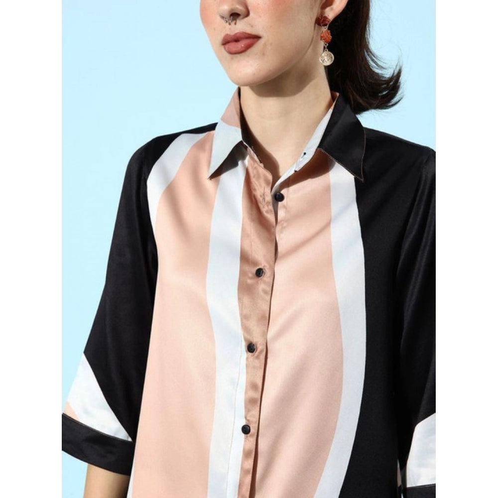 Vaystra Satin Colour Block Long Sleeves Co-Ord Set – Beige-Black