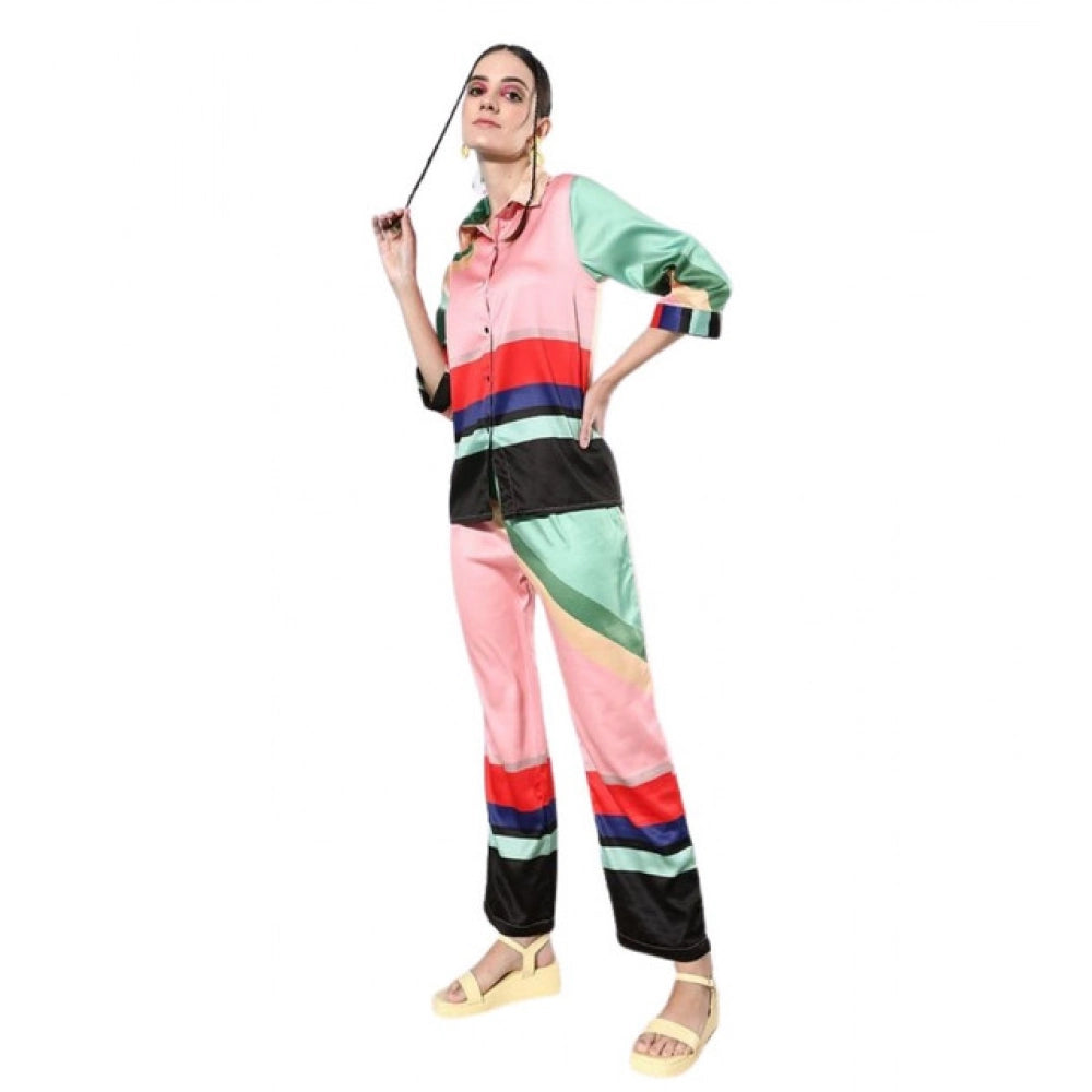 Vaystra Satin Colour Block Long Sleeves Co-Ord Set – Multicolor
