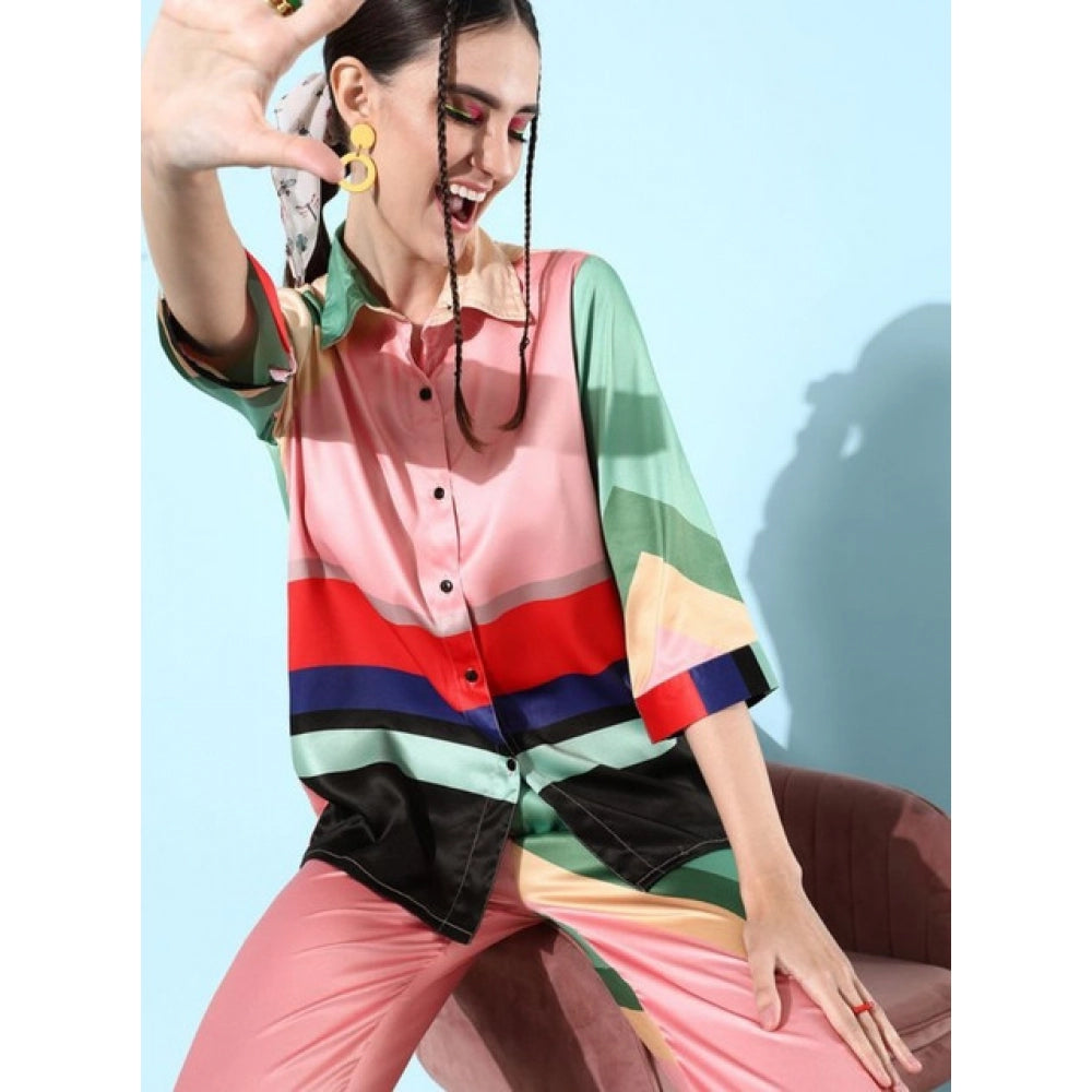 Vaystra Satin Colour Block Long Sleeves Co-Ord Set – Multicolor