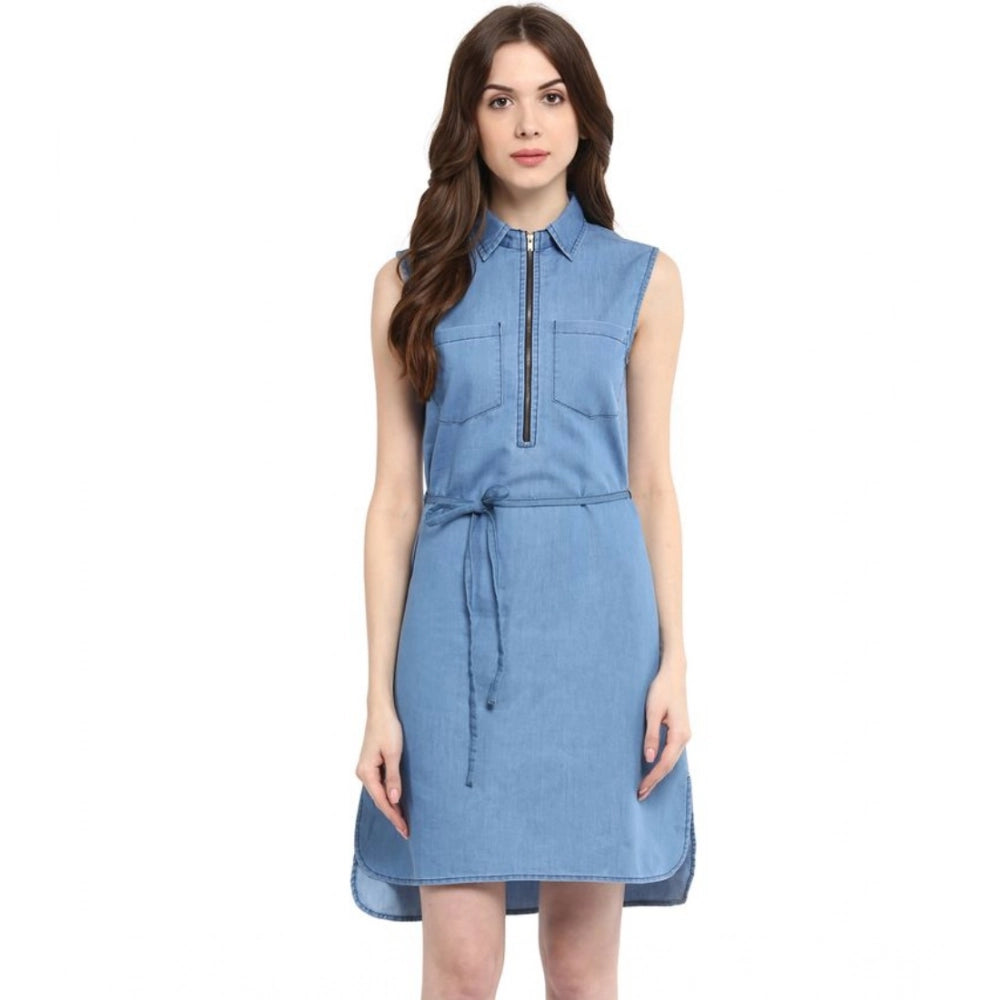Vaystra Denim Solid Sleeveless Dress – Blue