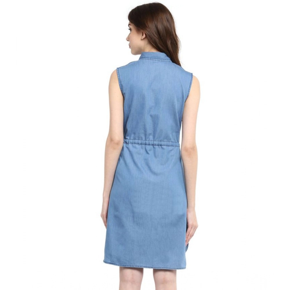 Vaystra Denim Solid Sleeveless Dress – Blue