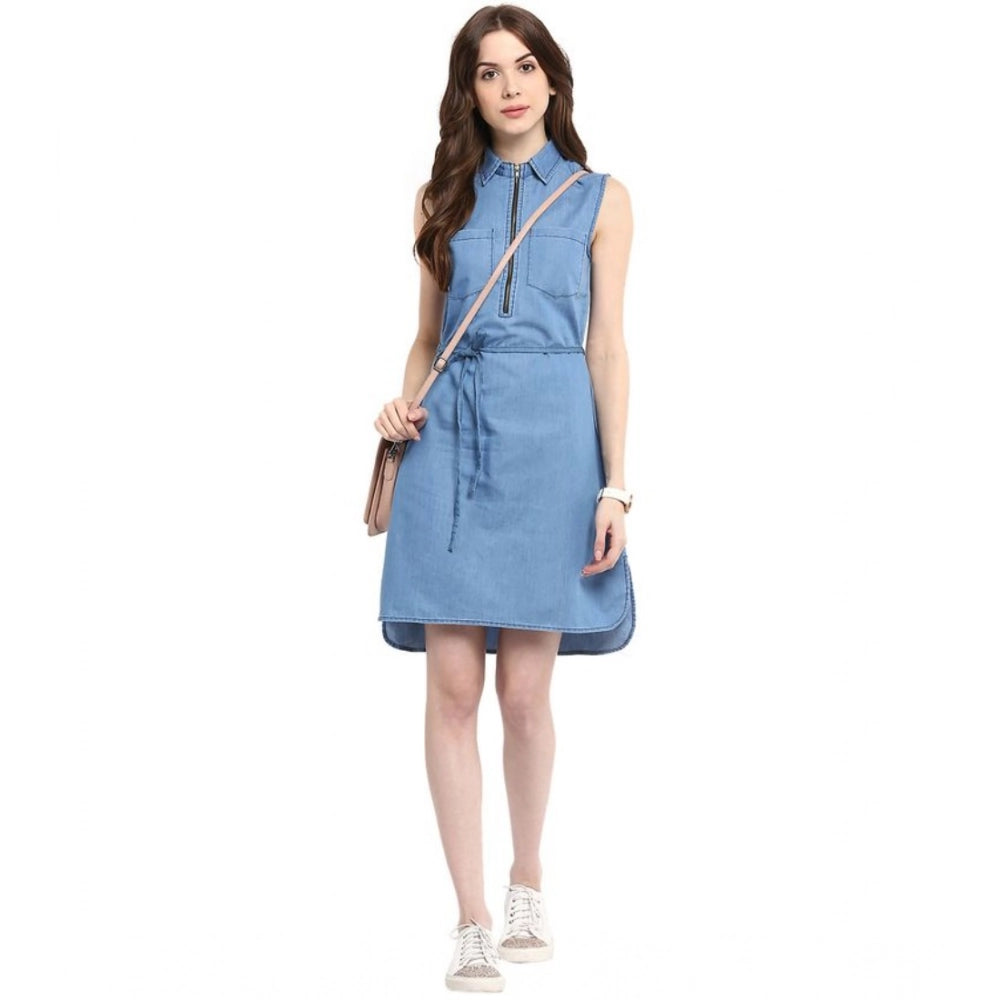Vaystra Denim Solid Sleeveless Dress – Blue