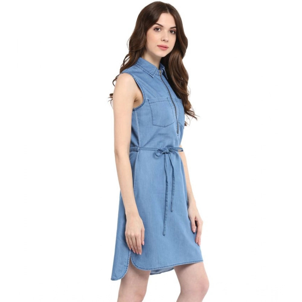 Vaystra Denim Solid Sleeveless Dress – Blue