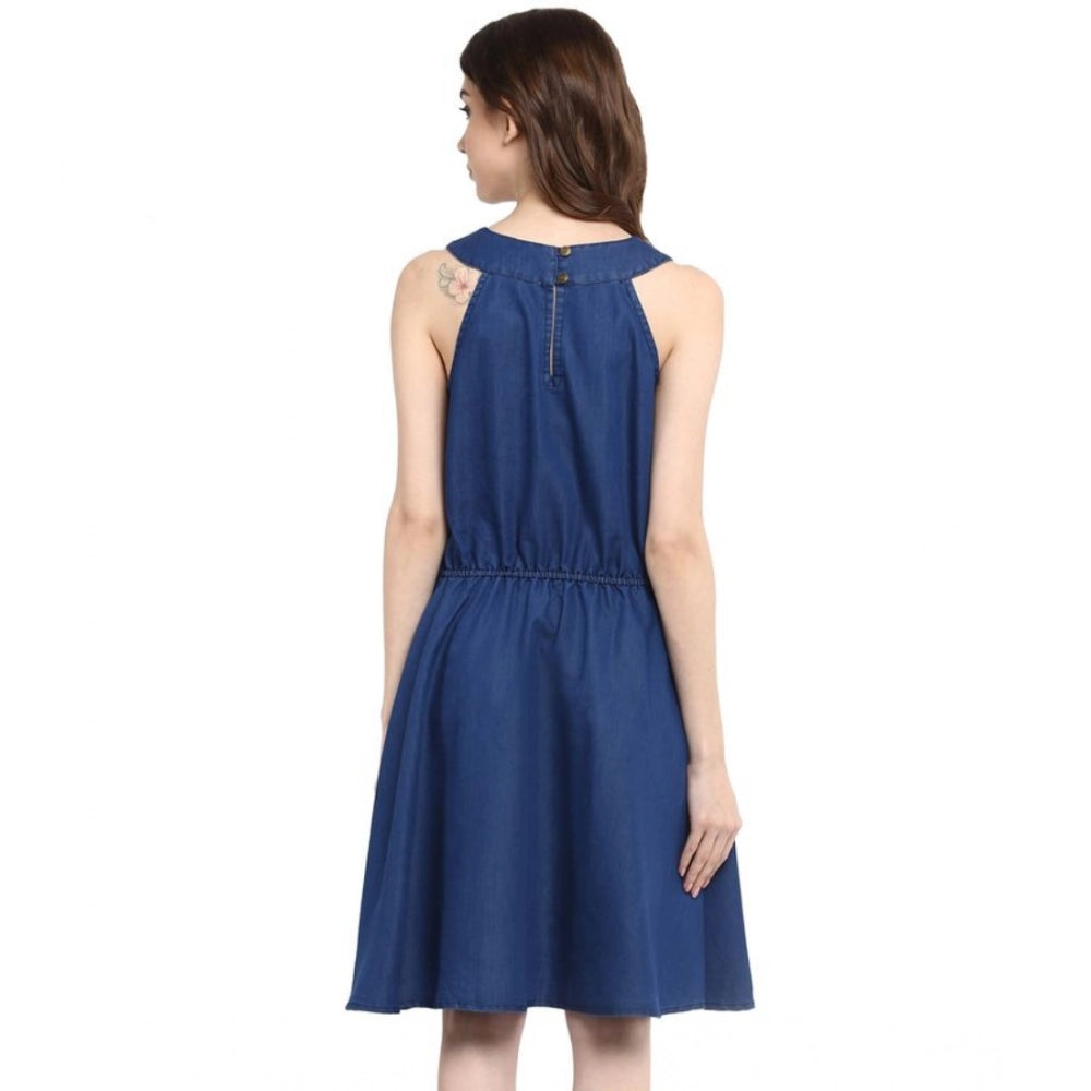 Vaystra Denim Solid Sleeveless Dress – Blue